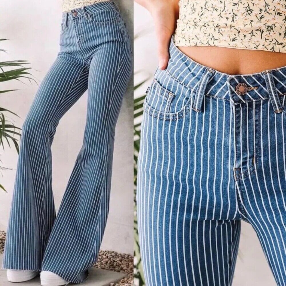 Judy Blue Jeans Womens 32 blue high rise flare  denim striped retro 70s festival